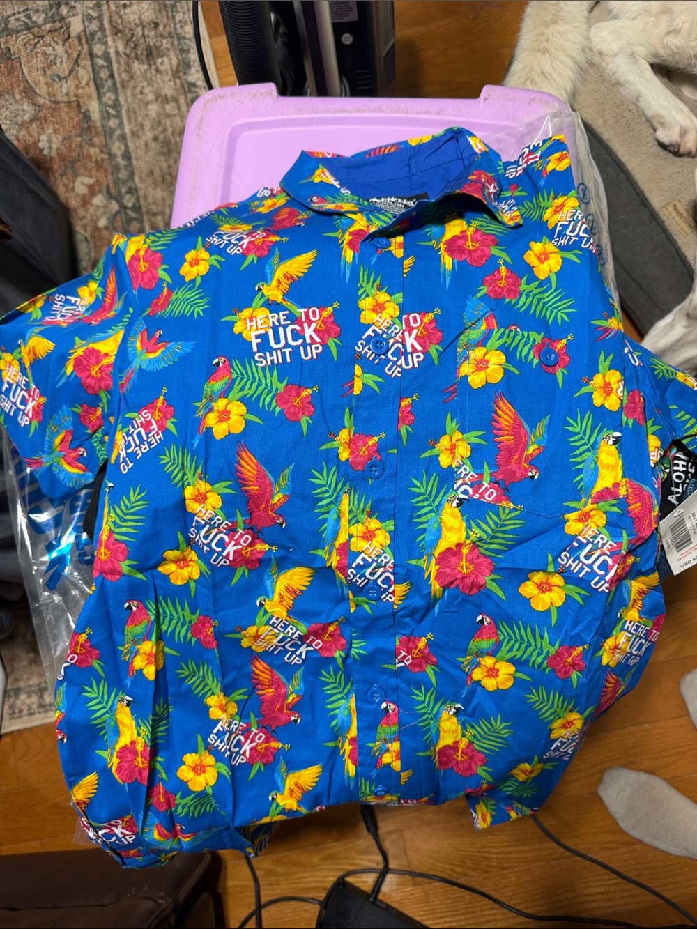 Blue Tropical Print Short-Sleeve Shirt with Parrots “here to f shit up”